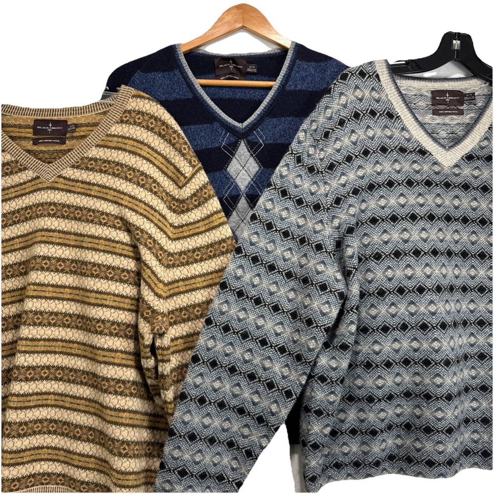 Black Brown 1826 Merino Wool‎ V-Neck Sweater Mens Sz XL Blue Brown Lot-3
